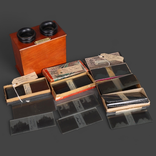 3564 - An Antique stereoscope Brevete S.G.D.G. with four packs of stereoscope slides, mostly geographical s... 