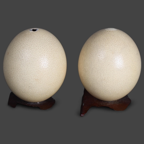 3567 - Natural History - two similar Ostrich eggs, mounted on wooden display stands, height 18cm, (2).