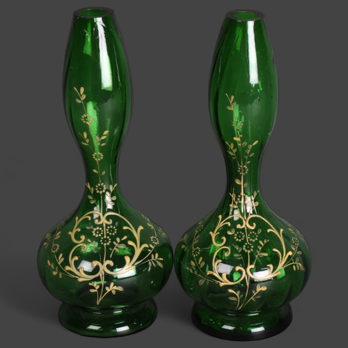 3571 - Victorian pair of  Czechoslovakian green glass vases with hand painted decoration