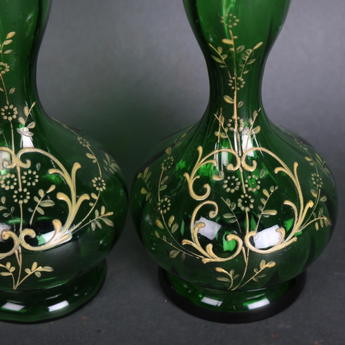 3571 - Victorian pair of  Czechoslovakian green glass vases with hand painted decoration