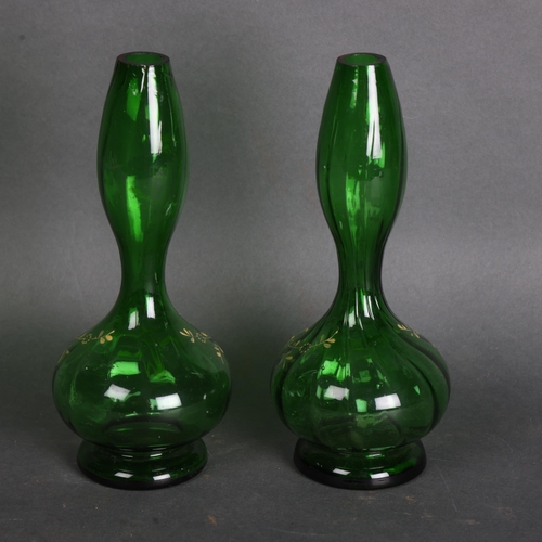 3571 - Victorian pair of  Czechoslovakian green glass vases with hand painted decoration