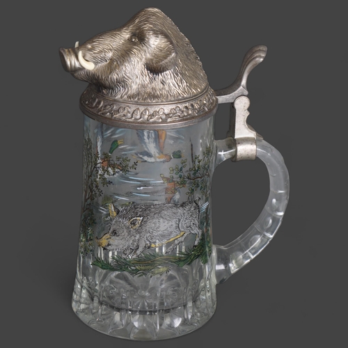 3572 - Curiosity/Macabre: An Antique glass tankard, decorated with landscape scene, wild boar and ducks, wi... 