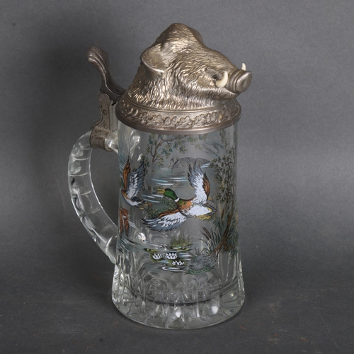 3572 - Curiosity/Macabre: An Antique glass tankard, decorated with landscape scene, wild boar and ducks, wi... 