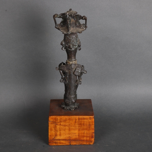 3574 - An African bronze tribal chief on wooden base, unsigned, height 30.5cm.