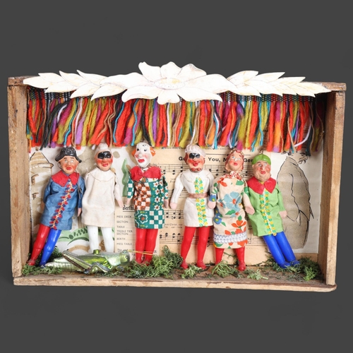 3581 - Curiosity/Macabre : A vintage Folk-Art wall-hanging diorama , depicting six vintage handmade Court J... 