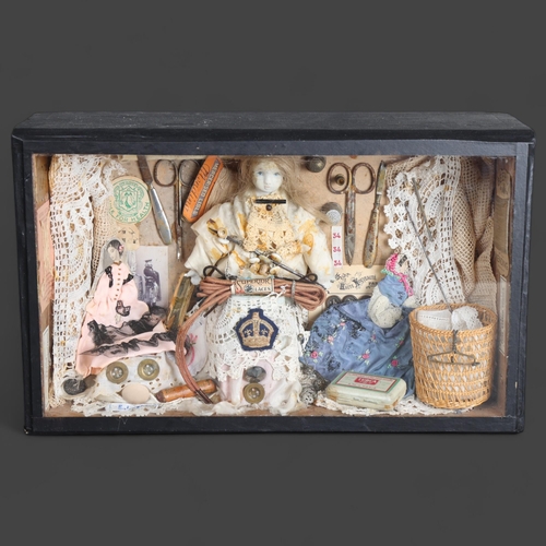 3582 - Curiosity/Macabre : An antique Folk Art diorama in an Antique style glass fronted display case, depi... 