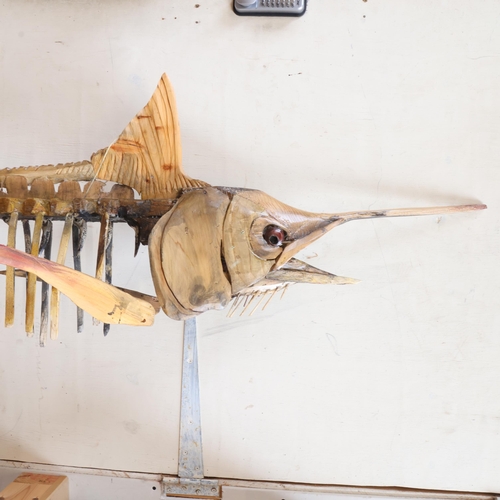 3595 - Clive Fredriksson - a large handmade wooden sculpture, study of a Marlin, in skeletal form, made by ... 