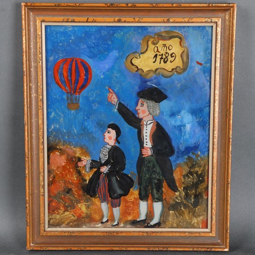 3088 - A naïve school, reverse painting on glass, picture depicting public in awe of hot air balloon in fli... 