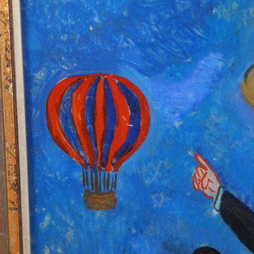 3088 - A naïve school, reverse painting on glass, picture depicting public in awe of hot air balloon in fli... 