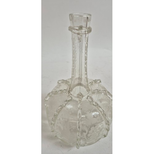 261 - A large cut-glass table bowl, H25.5cm, a green bubble glass decanter and stopper with etched galleon... 