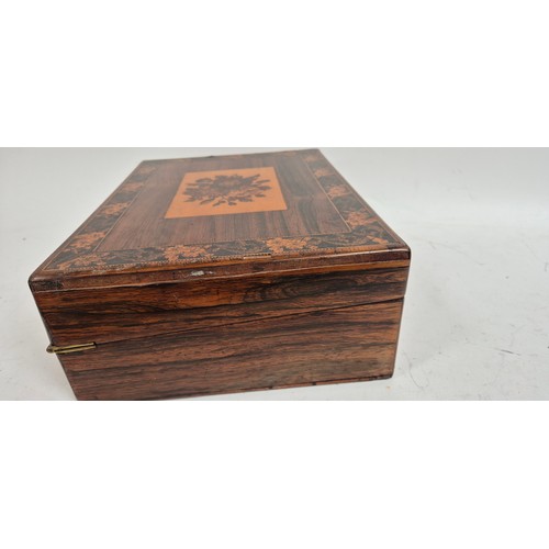 19 - A Victorian rosewood writing slope, with Tunbridge Ware banded floral decoration, W36cm