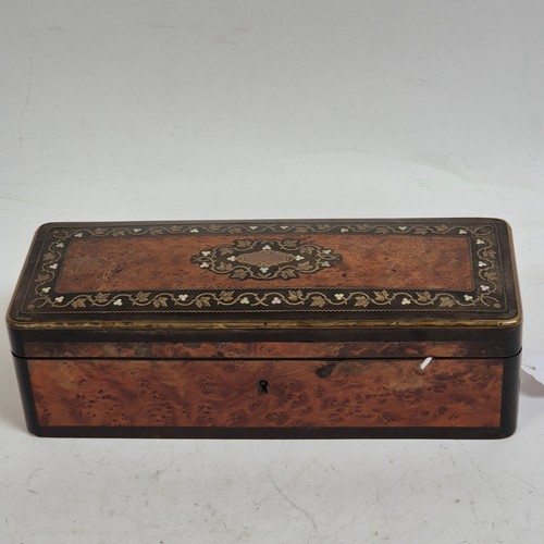 75 - A 19th century French burr-walnut glove box, brass and mother-of-pearl inlaid decoration, together w... 