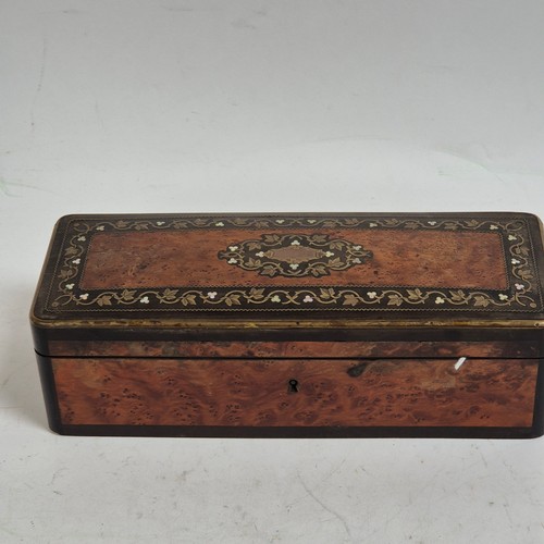 75 - A 19th century French burr-walnut glove box, brass and mother-of-pearl inlaid decoration, together w... 