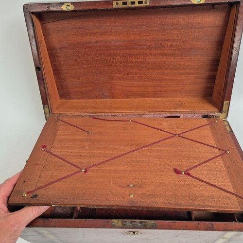 292 - Ab Antique mahogany and brass-banded writing slope, with original leather tray, missing inkwells, no... 