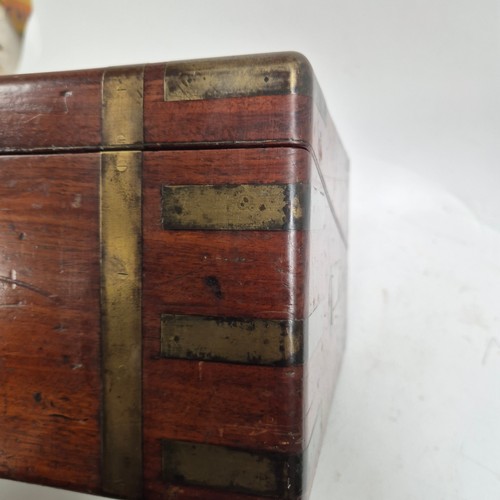 292 - Ab Antique mahogany and brass-banded writing slope, with original leather tray, missing inkwells, no... 