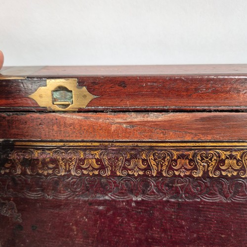 292 - Ab Antique mahogany and brass-banded writing slope, with original leather tray, missing inkwells, no... 