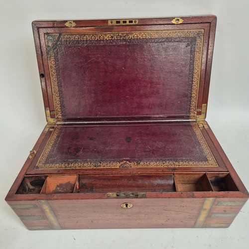 292 - Ab Antique mahogany and brass-banded writing slope, with original leather tray, missing inkwells, no... 