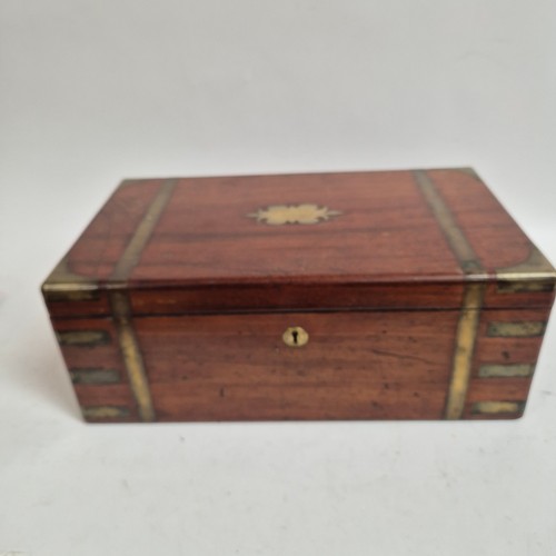 292 - Ab Antique mahogany and brass-banded writing slope, with original leather tray, missing inkwells, no... 