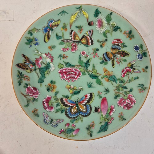 212 - A group of 4 Chinese celadon plates, hand painted butterfly decoration, diameter 26cm