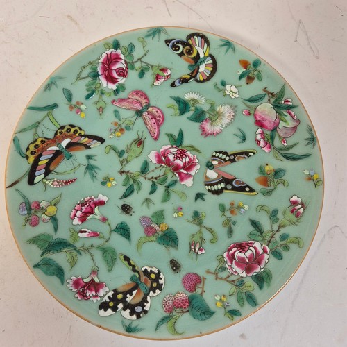 212 - A group of 4 Chinese celadon plates, hand painted butterfly decoration, diameter 26cm