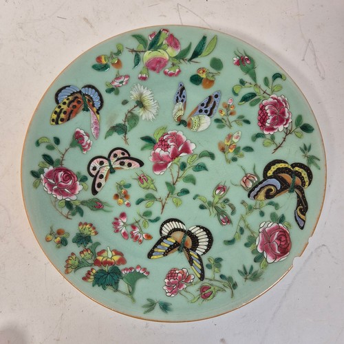 212 - A group of 4 Chinese celadon plates, hand painted butterfly decoration, diameter 26cm