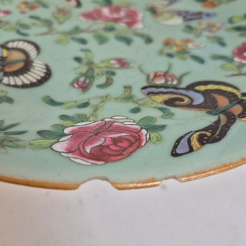 212 - A group of 4 Chinese celadon plates, hand painted butterfly decoration, diameter 26cm