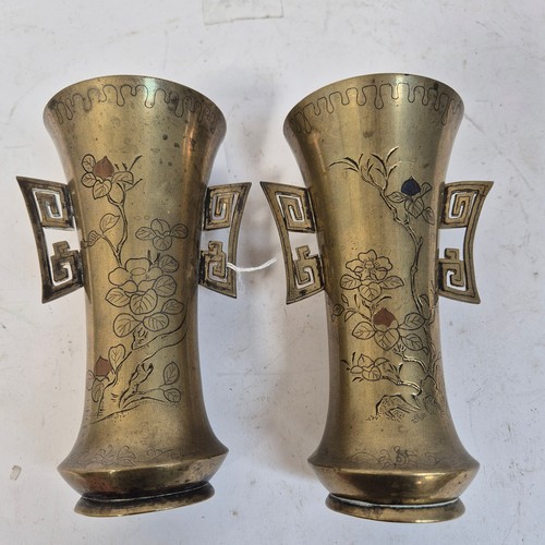 231 - A pair of Chinese brass 2-handled vases, engraved floral decoration, H16.5cm