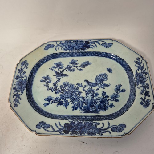 402 - A Chinese blue and white serving plate with painted bird and blossom decoration, 38cm, a pair of har... 