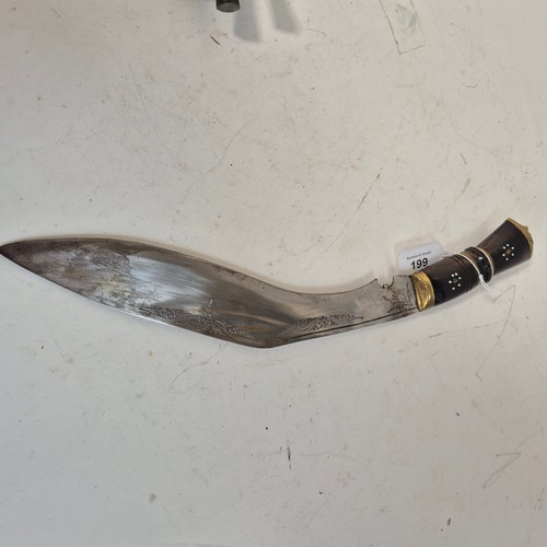 199 - A Nepalese kukri knife and scabbard, brass and horn handle, including 2 small knives