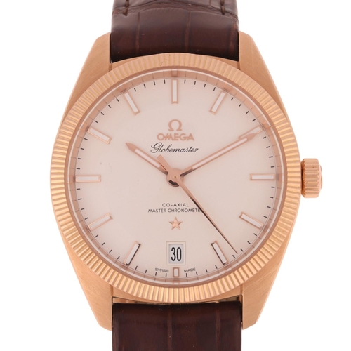 OMEGA - an 18k Sedna rose gold Constellation Globemaster Co-Axial Master Chronometer automatic calendar wristwatch, ref. 130.53.39.21.02.001, circa 2019, opaline silvered pie pan dial, with Sedna gold luminous Super-LumiNova baton hour markers, pencil hands, sweep centre seconds hand, constellation star, date aperture, 18k Sedna gold case with fluted bezel, observatory medallion set sapphire crystal caseback, and 18k deployant clasp, 39 jewel movement with Co-Axial escapement, certified by METAS as a Master Chronometer (twice as precise as any official certified chronometer), rotor and balance bridge in 18k Sedna gold with Geneva stripe arabesque finishing, and Omega calibre 8901, serial no. 89122756, case width 39mm, 127.9g gross, working order, boxed with papers, RRP £23,800