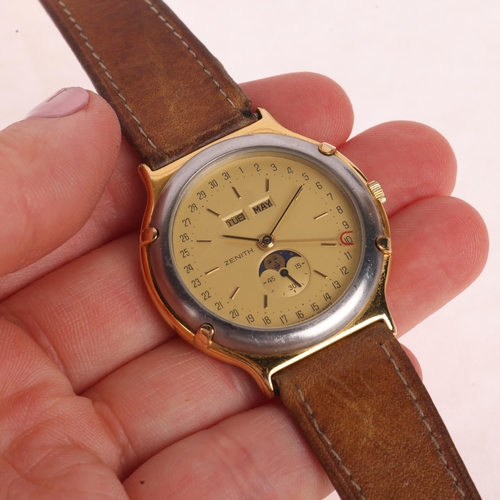 1013 - ZENITH - a gold plated stainless steel Academy triple calendar moonphase quartz wristwatch, ref. 19.... 