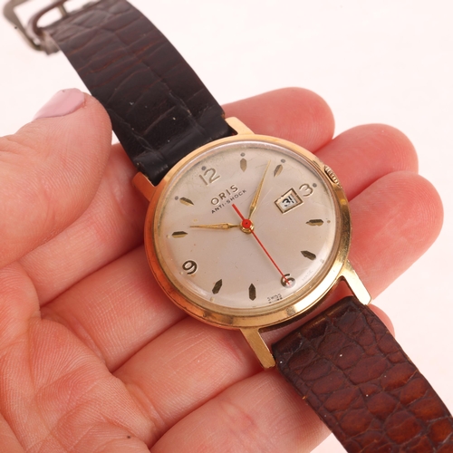 1018 - ORIS - a gold plated stainless steel mechanical calendar wristwatch, circa 1960s, silvered dial with... 