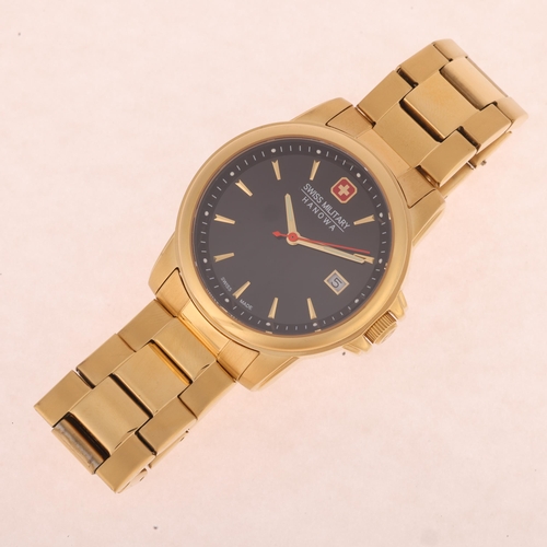 1025 - HANOWA - a gold plated stainless steel Swiss military quartz calendar bracelet watch, ref. 06-4230.7... 