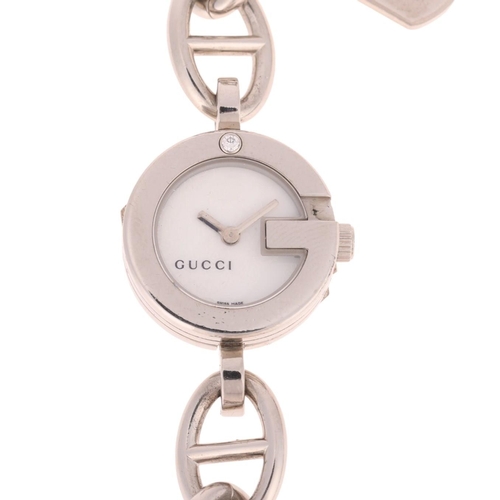 1036 - GUCCI - a lady's stainless steel 107 Series quartz bracelet watch, lotus white mother-of-pearl dial,... 