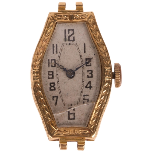 1037 - An Art Deco lady's 18ct gold mechanical wristwatch head, silvered engine turned sunburst dial with b... 