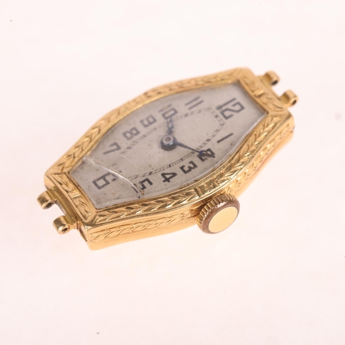 1037 - An Art Deco lady's 18ct gold mechanical wristwatch head, silvered engine turned sunburst dial with b... 