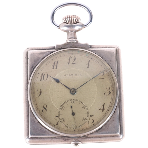 1044 - GRAZIOSA - an Art Deco Swiss silver square open-face keyless pocket watch, silvered engine turned di... 