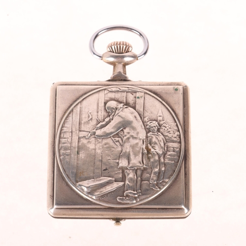 1044 - GRAZIOSA - an Art Deco Swiss silver square open-face keyless pocket watch, silvered engine turned di... 