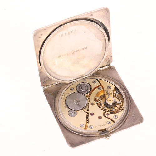 1044 - GRAZIOSA - an Art Deco Swiss silver square open-face keyless pocket watch, silvered engine turned di... 