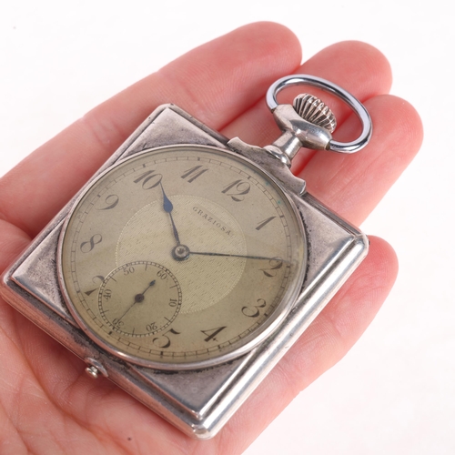 1044 - GRAZIOSA - an Art Deco Swiss silver square open-face keyless pocket watch, silvered engine turned di... 