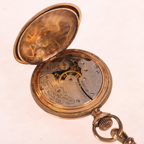 1046 - WALTHAM - an Art Nouveau gold plated Pahys Conqueror no. 1 full hunter keyless fob watch, white enam... 