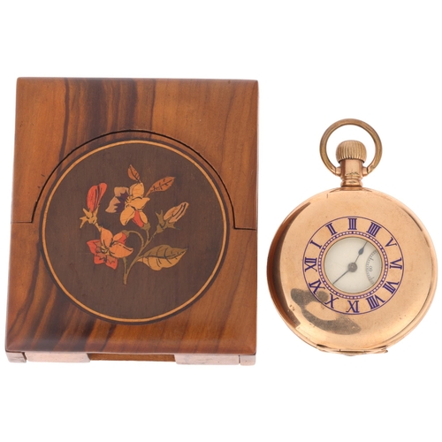 1047 - ELGIN - a gold plated half hunter keyless pocket watch, white enamel dial with Roman numeral hour ma... 