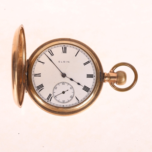 1047 - ELGIN - a gold plated half hunter keyless pocket watch, white enamel dial with Roman numeral hour ma... 