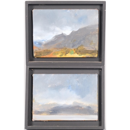 10 - Alan Rankle, Norway studies, pair of oils on canvas laid on board, 2003, image 14cm x 20cm, framed (... 