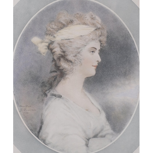 100 - After John Downman, portrait of Miss Dun 1796, lithograph in oval frame, oval frame dimensions 38cm ... 