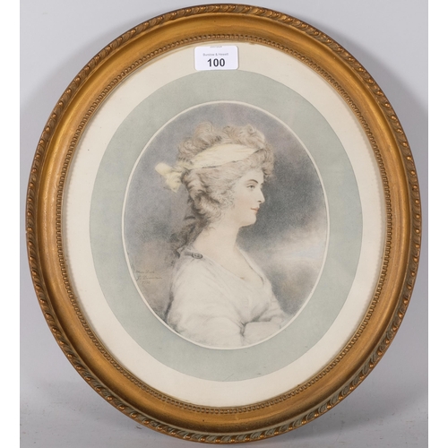 100 - After John Downman, portrait of Miss Dun 1796, lithograph in oval frame, oval frame dimensions 38cm ... 