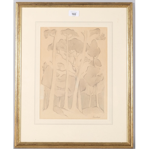 102 - Lionel Brett (1913 - 2004), stylised trees, pencil and wash, 32cm x 24cm, framed