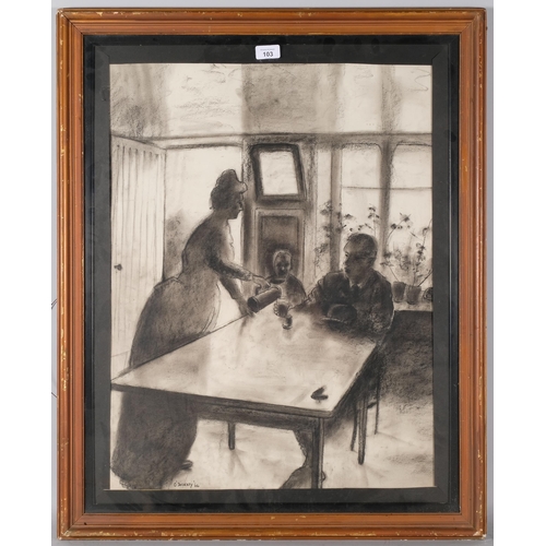 103 - O'Docherty, kitchen interior scene, 1966, charcoal on paper, 67cm x 51cm, framed