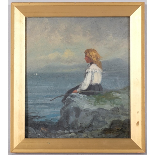 104 - J Fleury, girl looking out to sea, oil on wood panel, 20cm x 18cm, framed