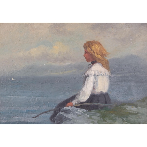 104 - J Fleury, girl looking out to sea, oil on wood panel, 20cm x 18cm, framed